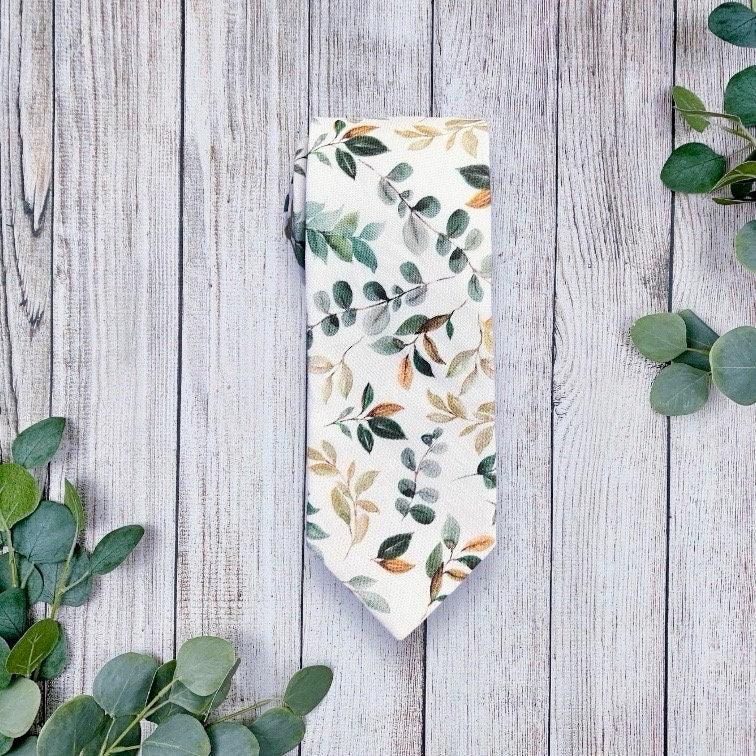 Sage green and gold floral men’s tie for wedding.