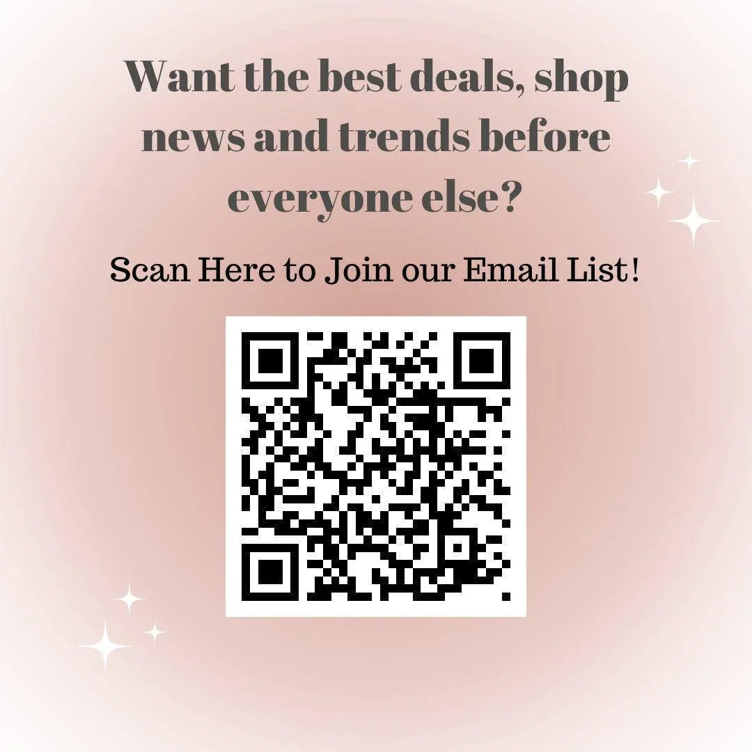 Pastel pink gradient promo card featuring a QR code for email signup with decorative stars.