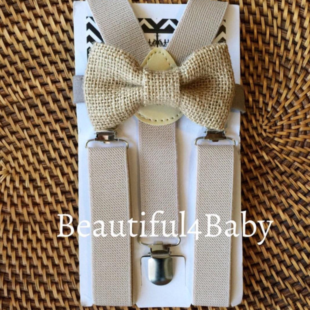 A country chic burlap bow tie and rustic tan suspenders for a cowboy wedding.