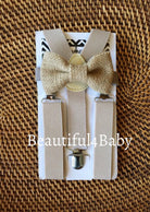 A country chic burlap bow tie and rustic tan suspenders for a cowboy wedding.