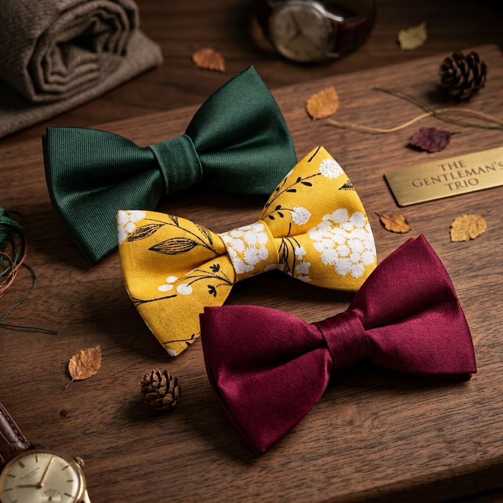 Fall bow ties in emerald green, mustard yellow and burgundy sitting on a table with fall accessories.