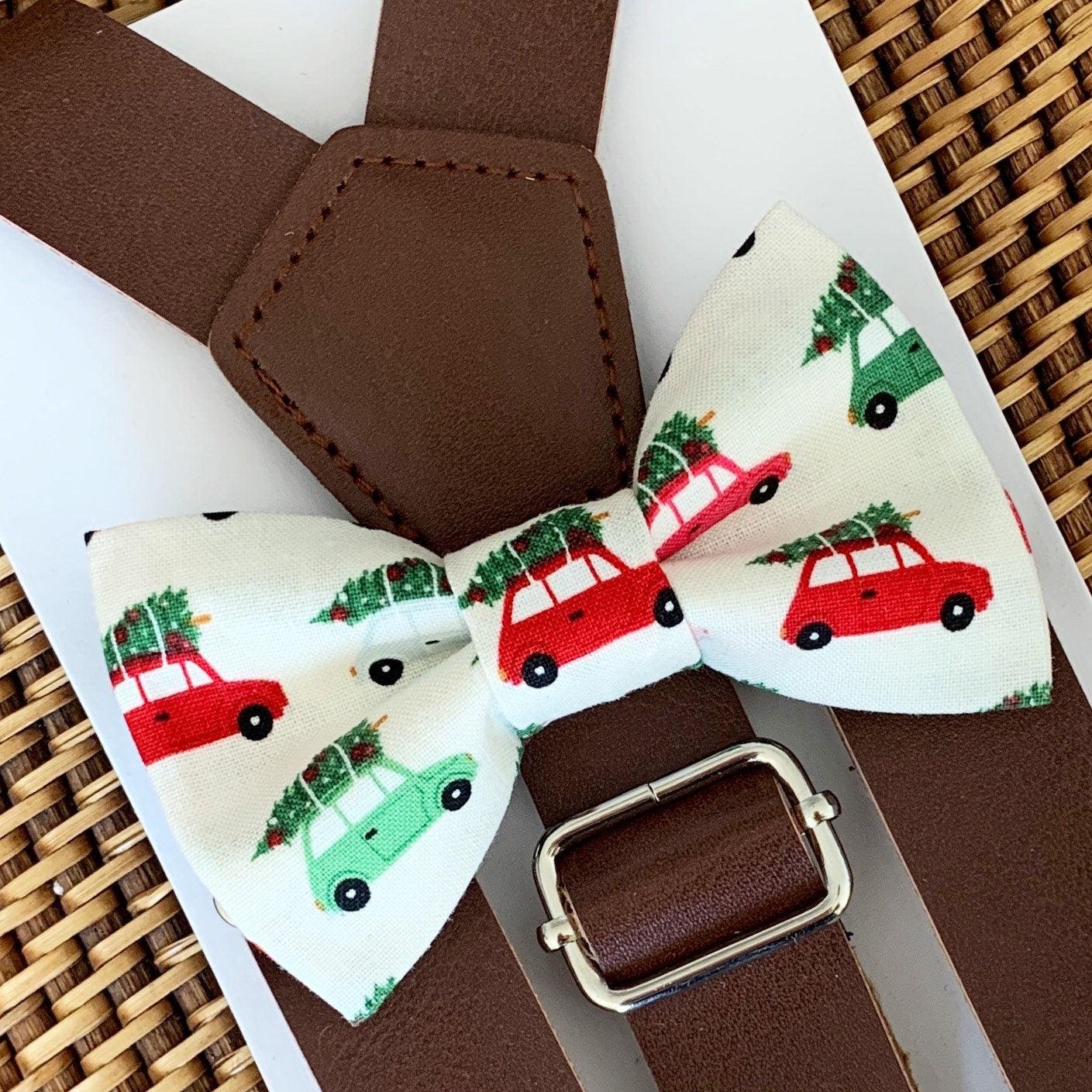 Christmas Holiday Bow Tie with Red and Green Cars with Christmas Trees with Vegan Leather Brown Suspenders