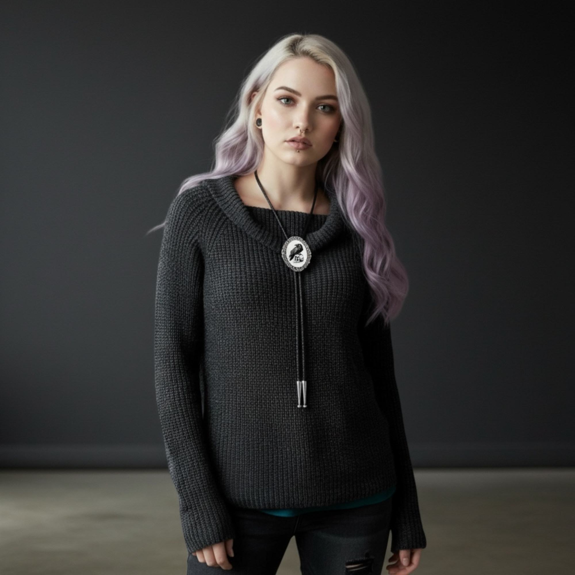 Girl wearing a silver raven bolo tie with black leather cord.