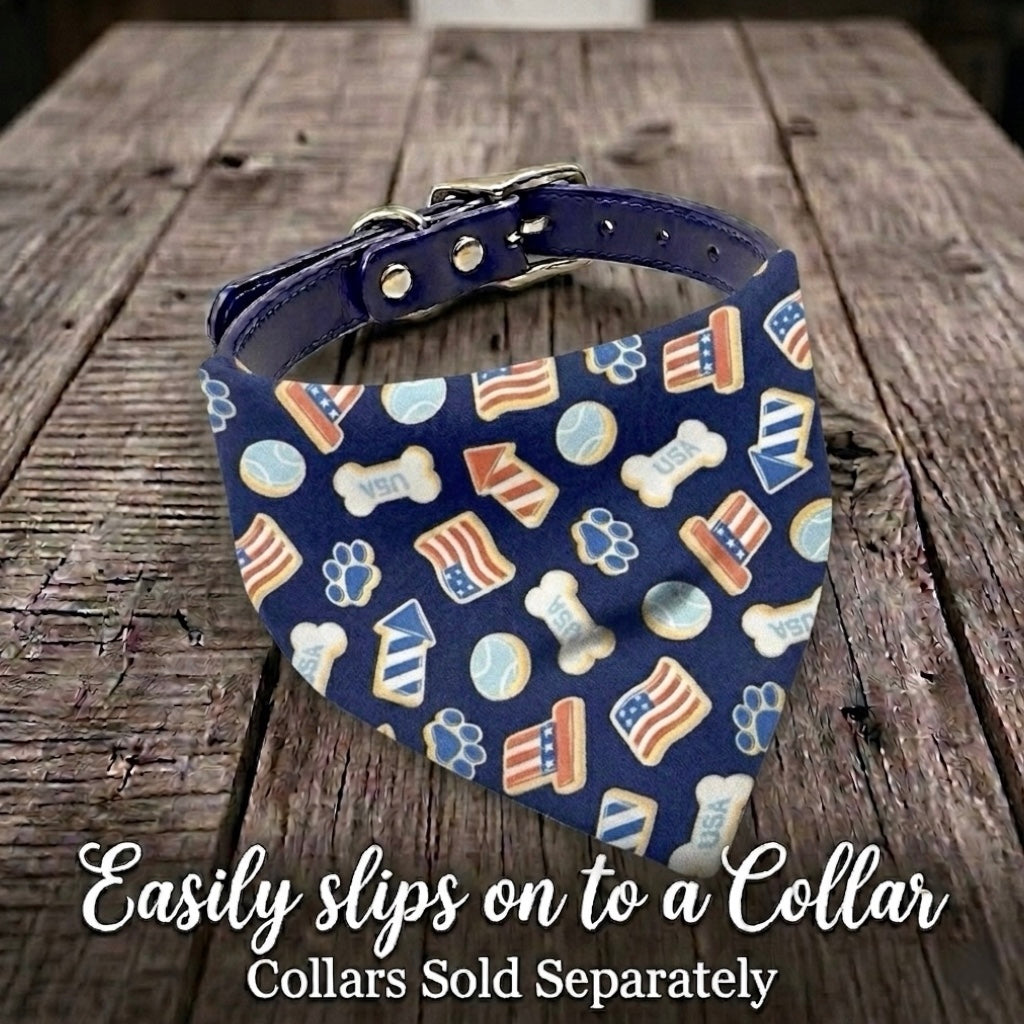 Fourth of July dog bandana in red white and blue on a blue dog collar, sold separately.