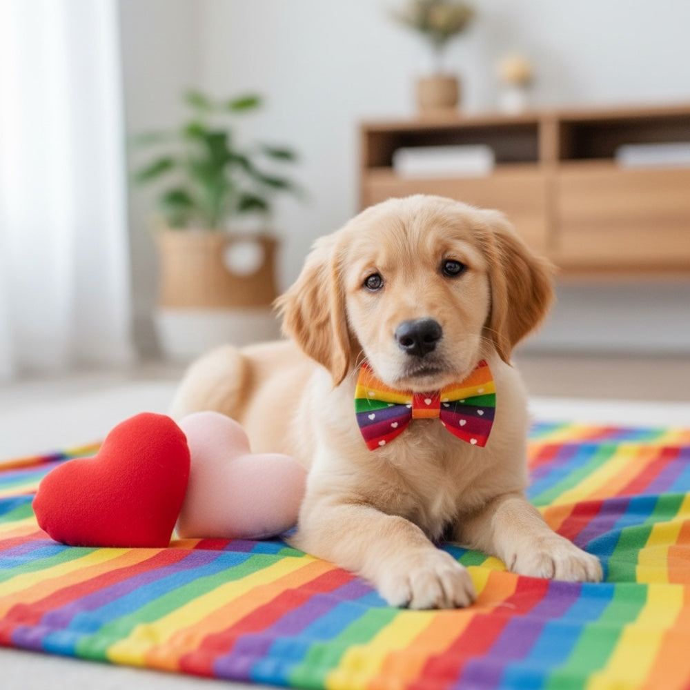 Puppy wearing a heart rainbow bow tie to celebrate gay pride 