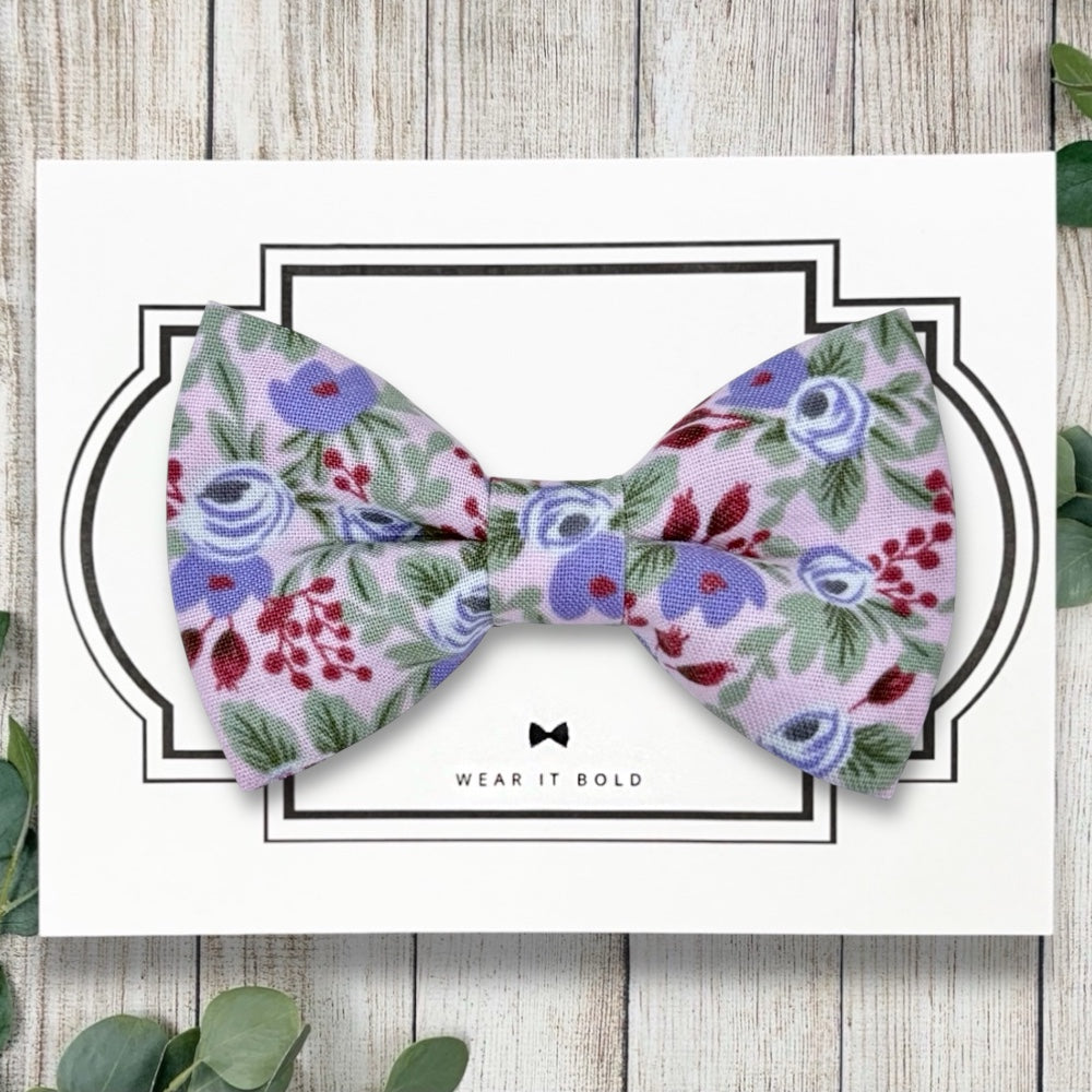 Purple floral dog bow tie for spring, summer or wedding dog bowtie. 