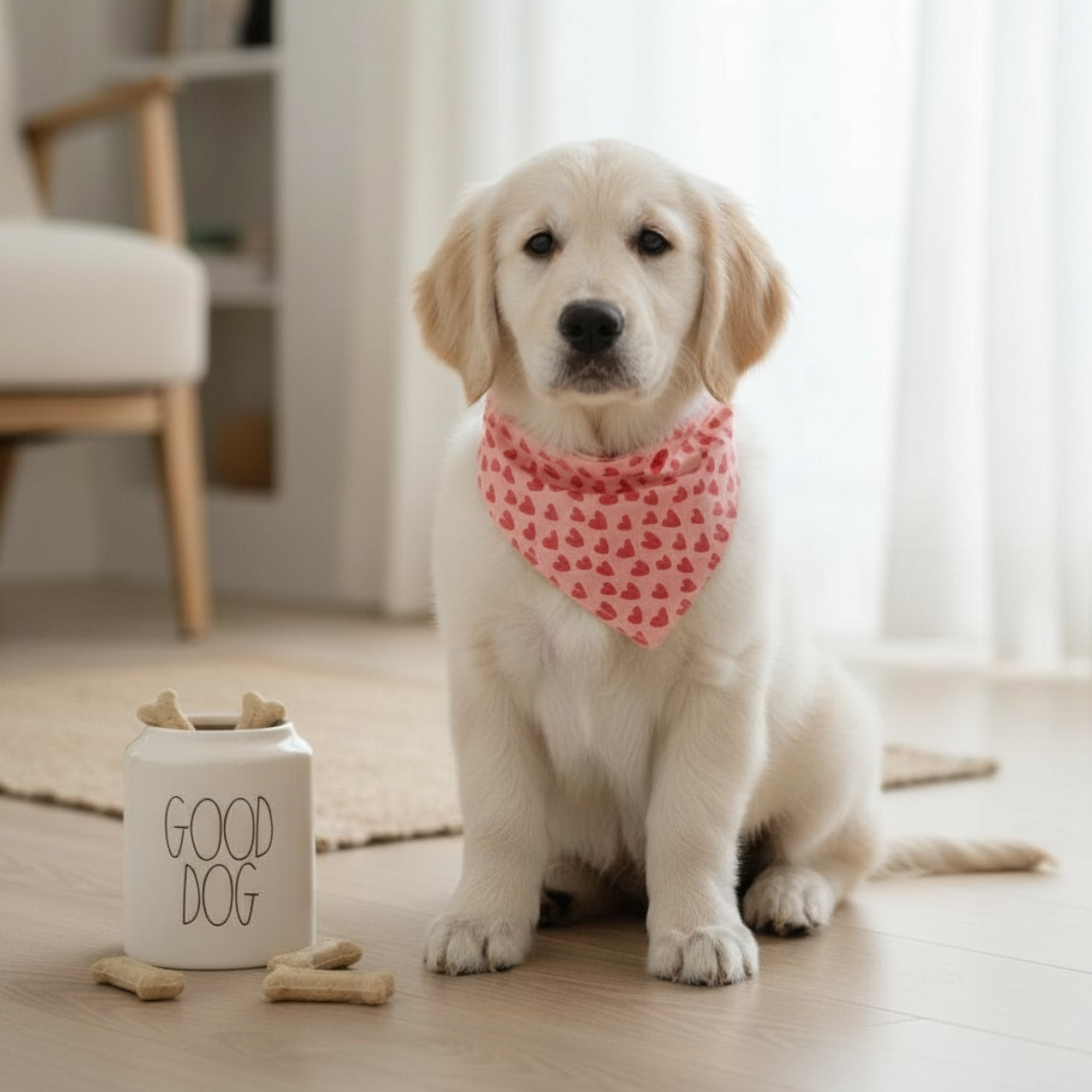 Dog wearing a pink Valentine’s Day dog bandana sitting next to a 'Good Dog' treat jar indoors.