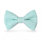 Aqua and white striped seersucker pre-tied bow tie for summer weddings.