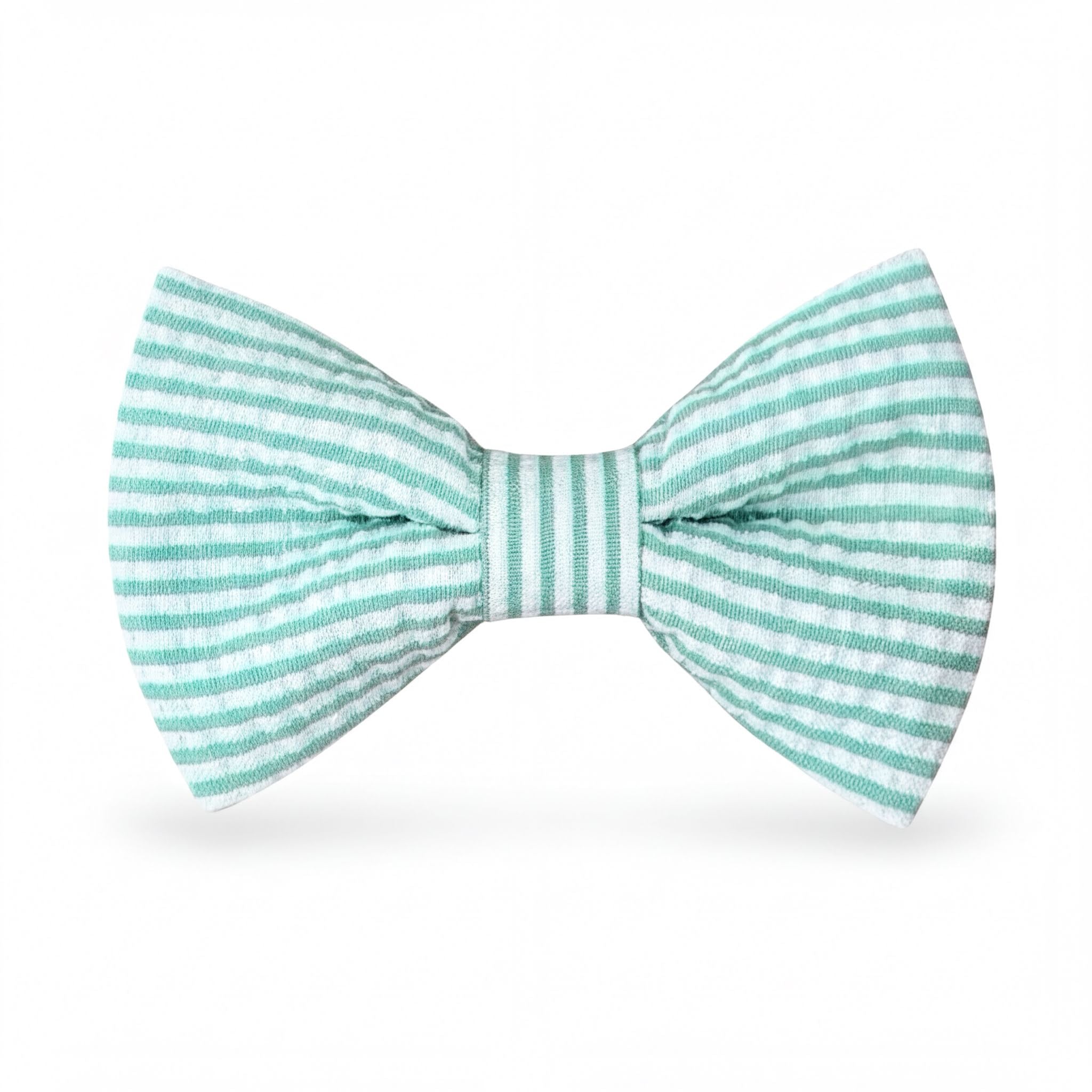 Aqua and white striped seersucker pre-tied bow tie for summer weddings.