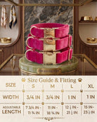 Velvet dog collars with gold buckle hardware arranged above a sizing chart. The chart details four sizes: Small has a width of 3/4 inch and an adjustable length of 7 3/4 to 11 3/4 inches. Medium has a width of 3/4 inch and an adjustable length of 11 to 18 3/4 inches. Large has a width of 1 inch and an adjustable length of 12 1/2 to 21 1/2 inches. Extra Large has a width of 1 inch and an adjustable length of 15 to 23 1/2 inches