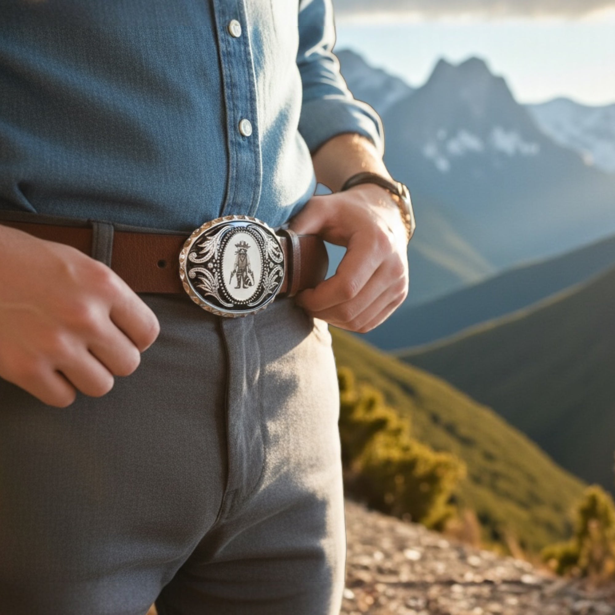 Person adjusting a belt with a decorative raccoon belt buckle against a mountainous landscape
