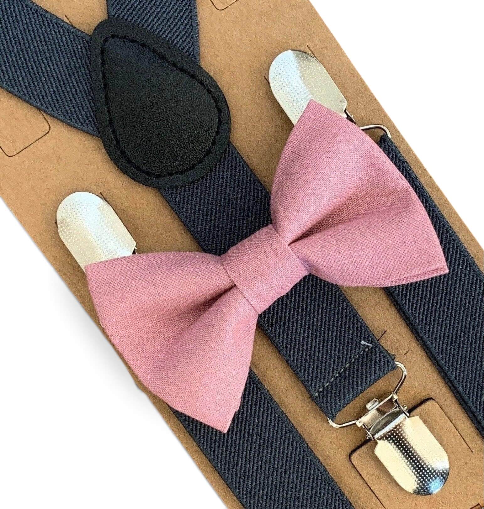 Pink bow tie and suspenders for men, boys, toddlers and babies.
