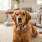 Dog wearing a floral dog bow tie in a living room setting