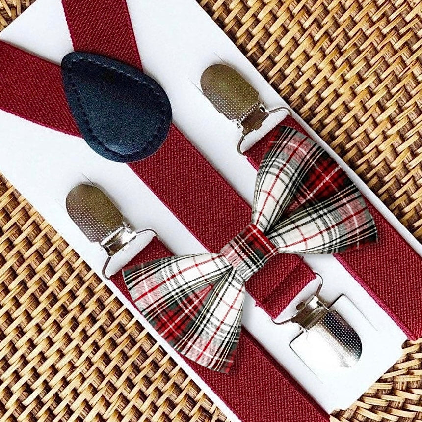 Tartan Bow Tie & Burgundy Suspenders Set