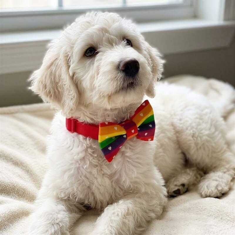 Rainbow dog bow tie on a white dog for gay pride and LGBTQ pride.