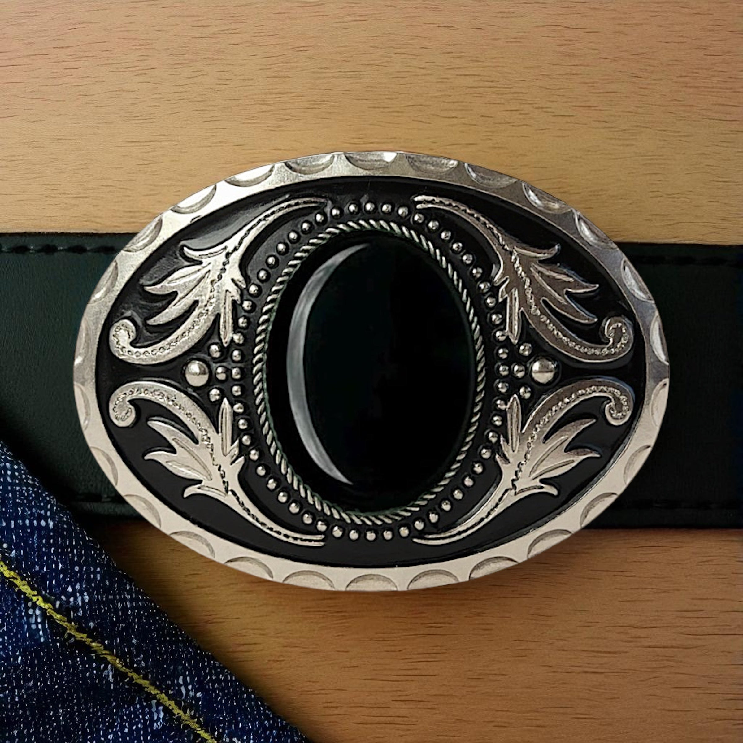 Black Onyx Belt Buckle Cowboy Western Accessory on a black leather buckle