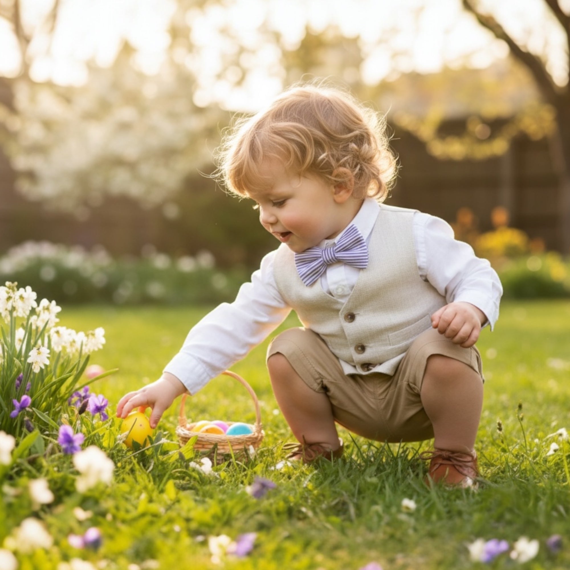 Purple Seersucker Bow Tie On a toddler hunting for Easter eggs.