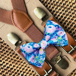 Load image into Gallery viewer, Lavender &amp; Blue Summer Floral Bow Tie &amp; Cognac Brown Suspender Set
