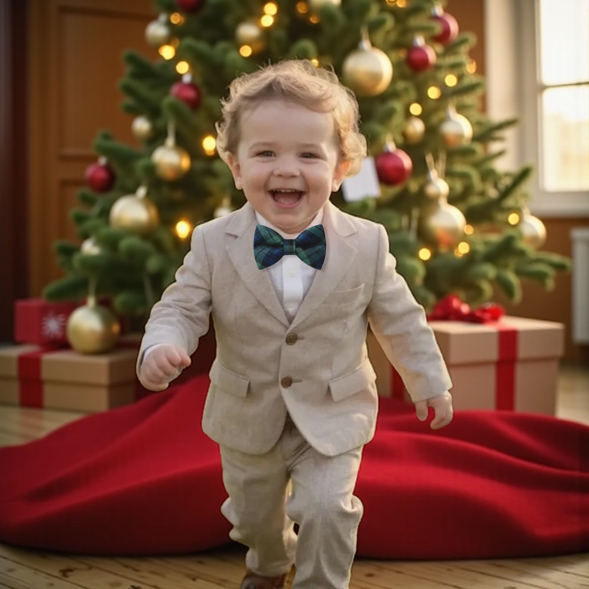Plaid Bow Tie - Blue and Green Tartan For winter wedding or Christmas In front of a Christmas tree for Christmas photos.