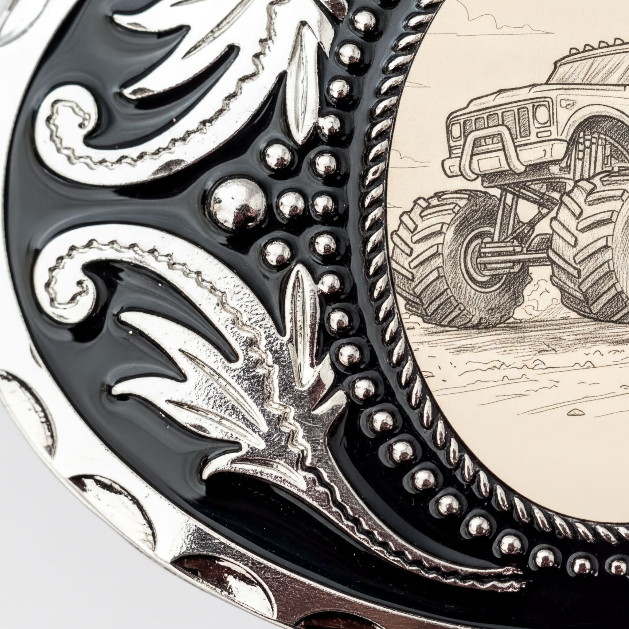 a close-up view of a decorative metal frame with a detailed design, including a large truck illustration.