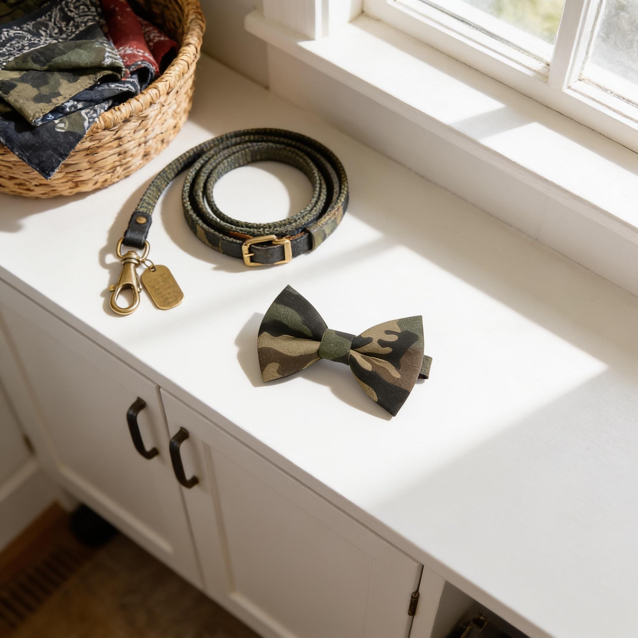 a bow tie, a belt, and a leash on a white surface, with a basket of clothes and a window in the background.