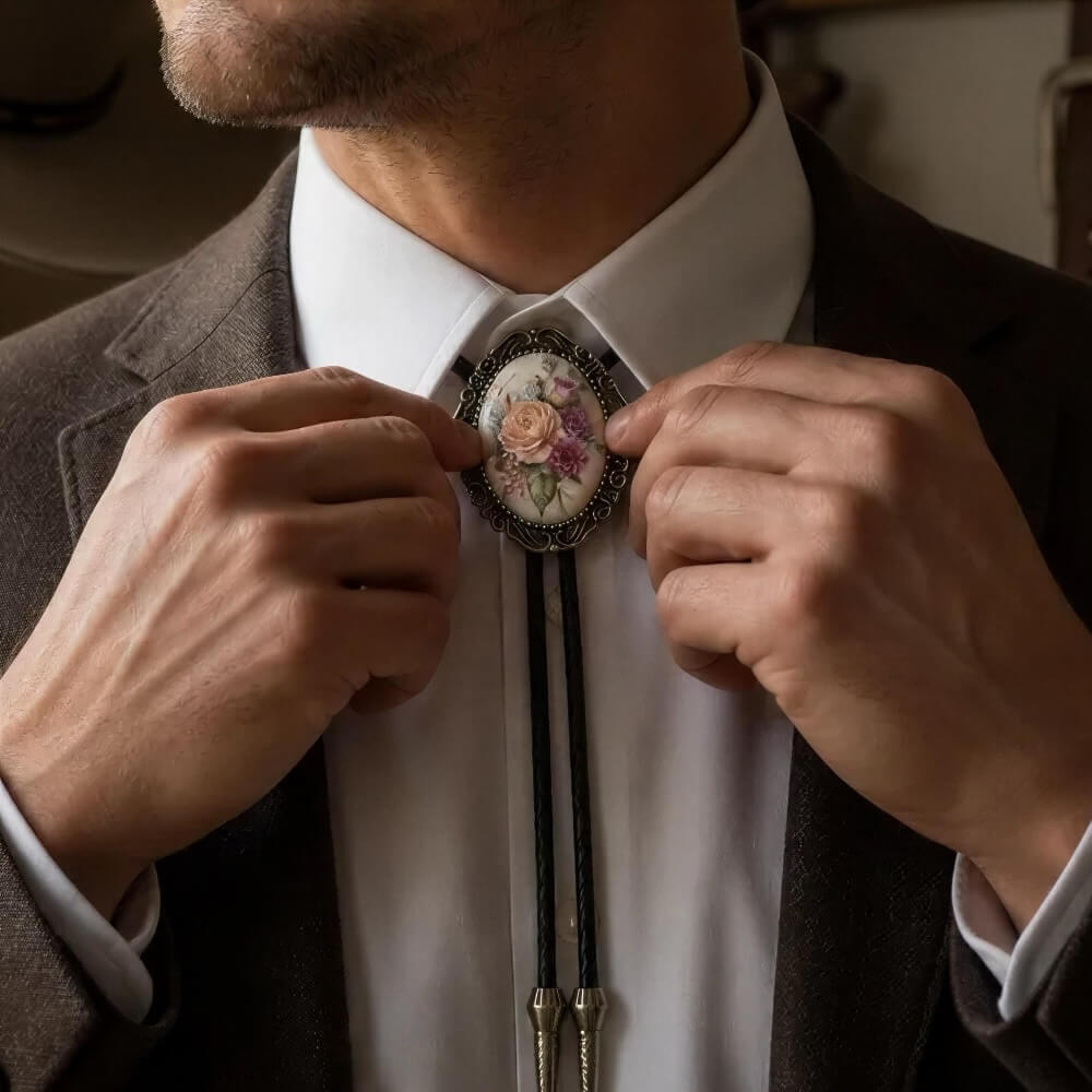 A man in a suit is adjusting a floral-patterned pin on his lapel.