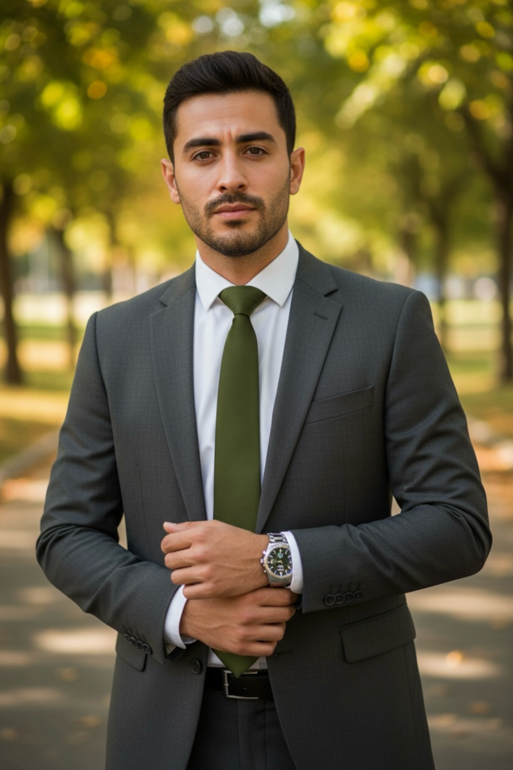 Groomsman at a wedding wearing an olive men’s tie.