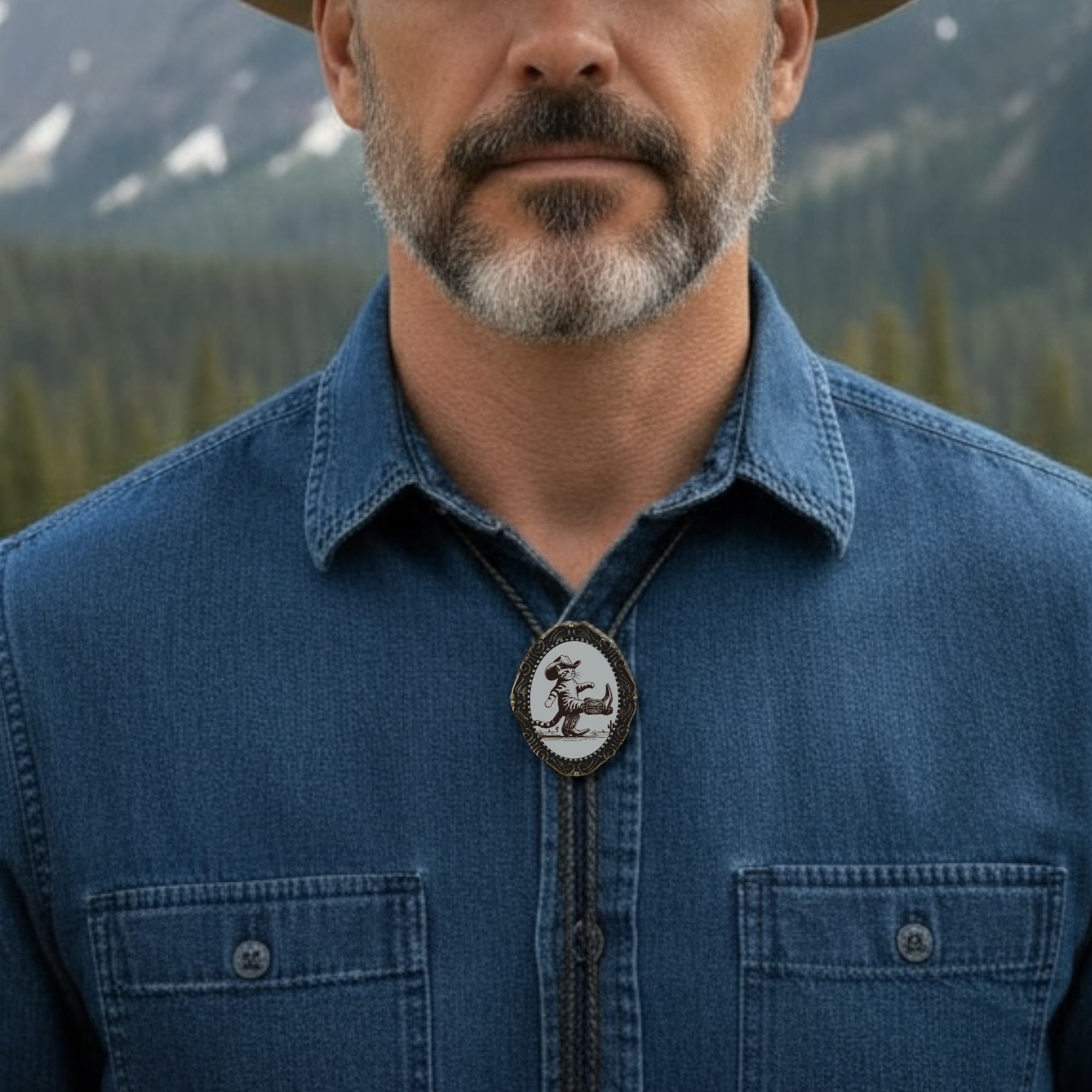 Man wearing a blue denim shirt with a funny cowboy cat bolo tie in a mountainous landscape