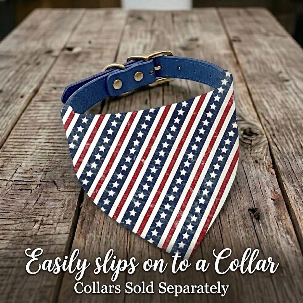 American flag dog bandana on a wooden surface with text indicating it slips onto a collar.