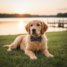 Puppy lying by a lake in a preppy navy blue dog bow tie with anchors and hearts.