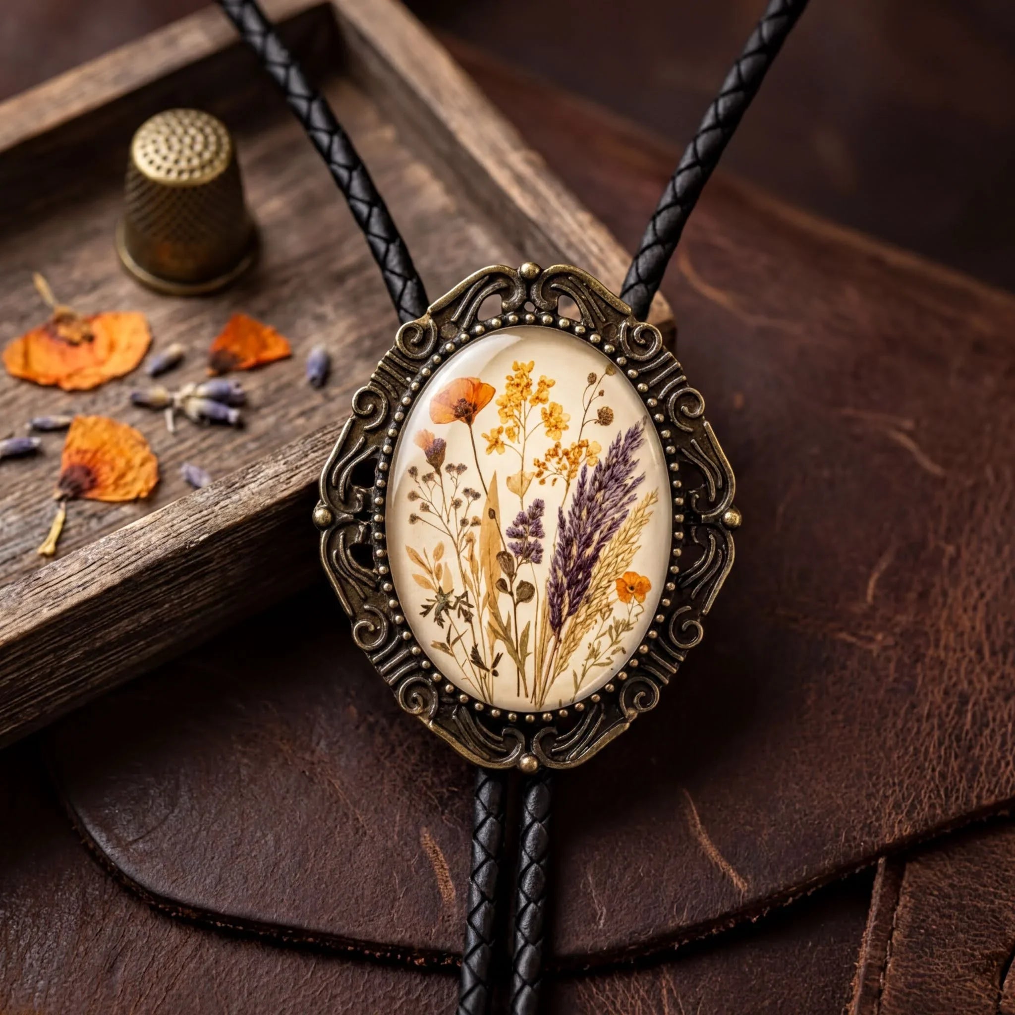 Boho bolo tie with flowers on leather book.