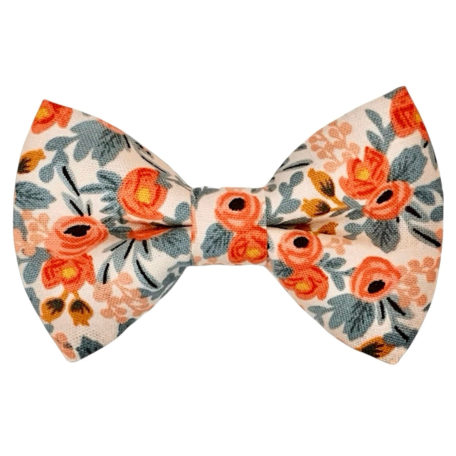 Peach floral bow tie, pre-tied and made from Rifle Paper Co cotton fabric, for groomsmen ties, ring bearer outfits and wedding accessories.