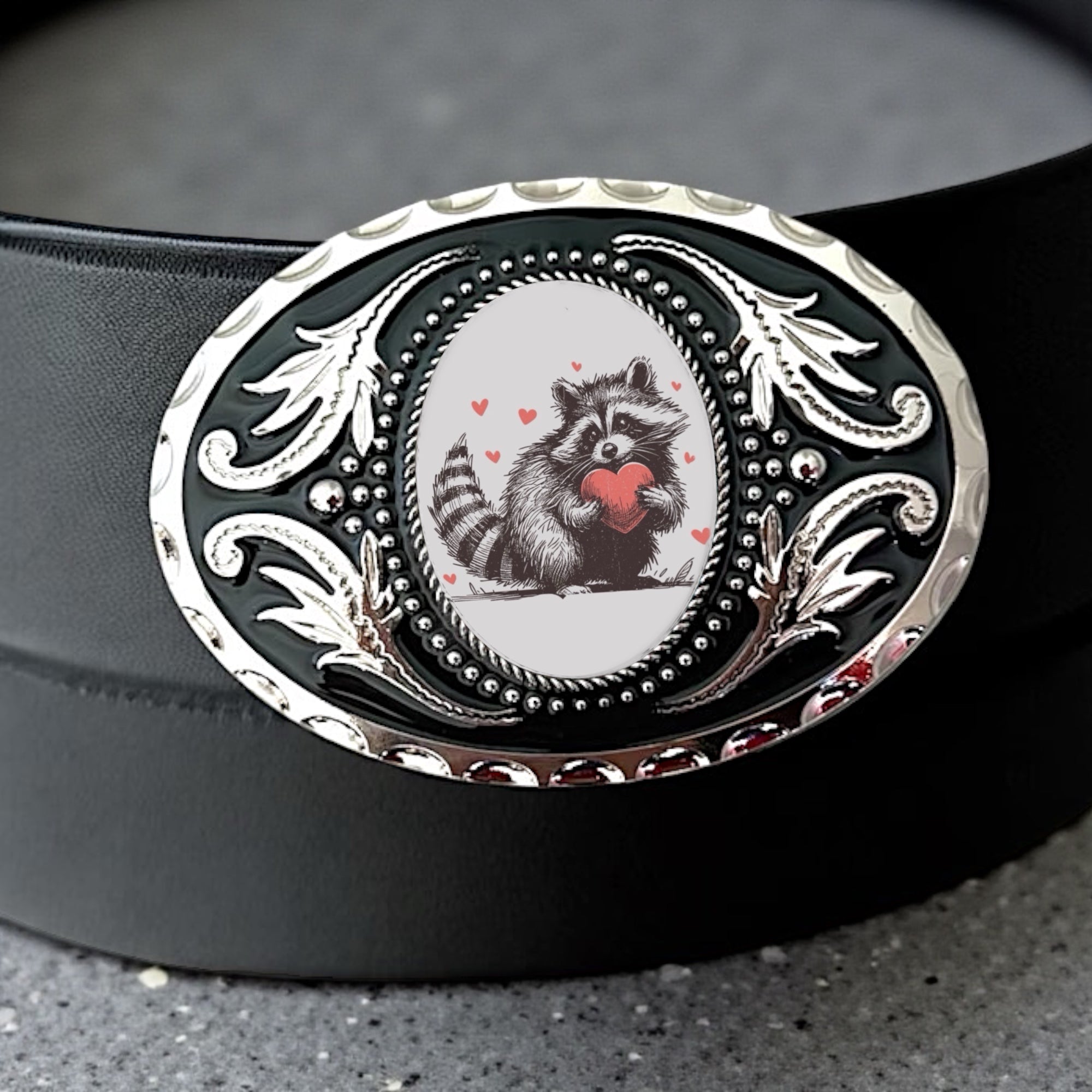 Raccoon Belt Buckle with Hearts, Valentine Western Accessory On a black leather belt.