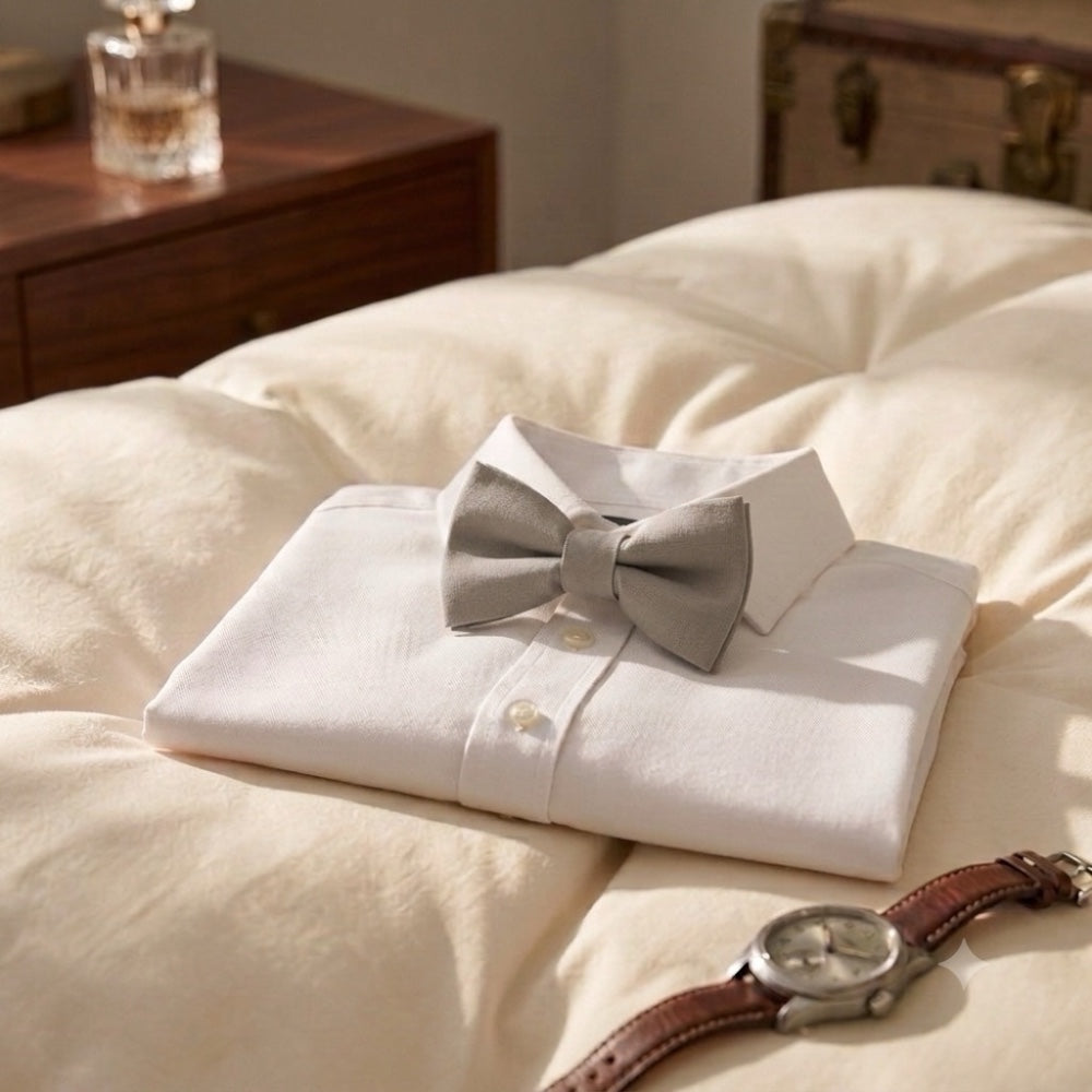 Taupe men’s bow tie in neutral tan for groomsmen and ring bearers in weddings by The Bold Bow Tie. 
