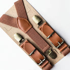 Brown suspenders for men and women for groomsmen wedding accessories, boys bow ties, toddler bowties, and formal events.