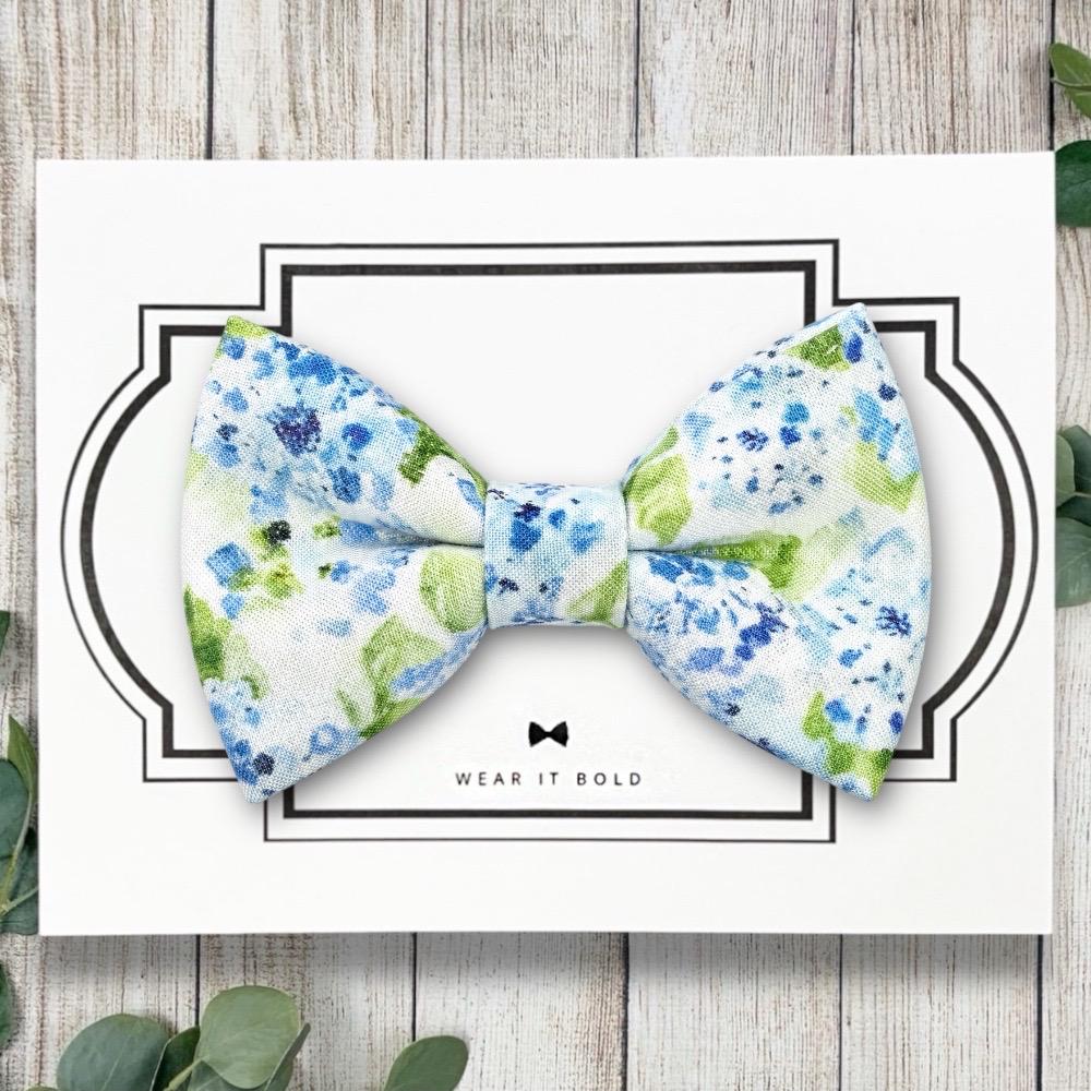 Handmade dusty blue floral dog bowtie for dogs, puppies, or cats, designed as a sweet pet wedding collar accessory.