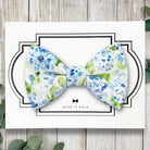 Handmade dusty blue floral dog bowtie for dogs, puppies, or cats, designed as a sweet pet wedding collar accessory.