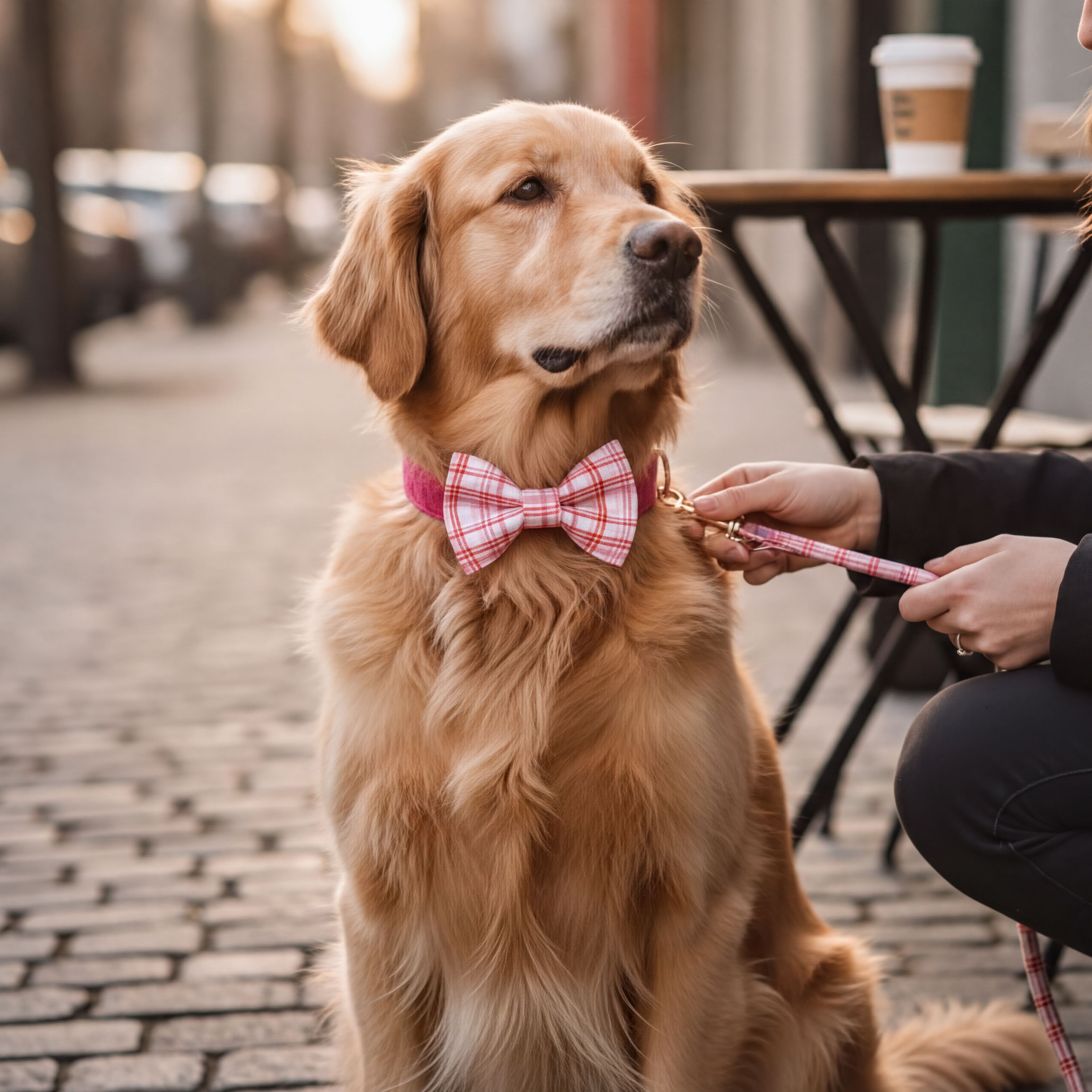 A golden retriever wearing a pink and white plaid bow tie is sitting on a cobblestone street, with a person's hand holding its leash.