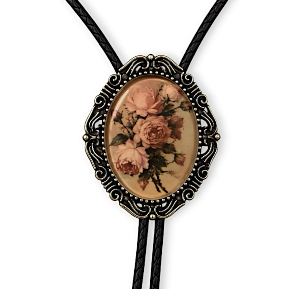 Vintage Rose Bolo Tie, Antique Mens Floral Western Neckwear, Groomsmen Gift