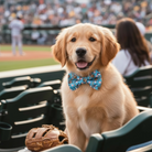 Dog wearing a blue baseball dog bow tie sitting in a stadium with a baseball glove on a bench.