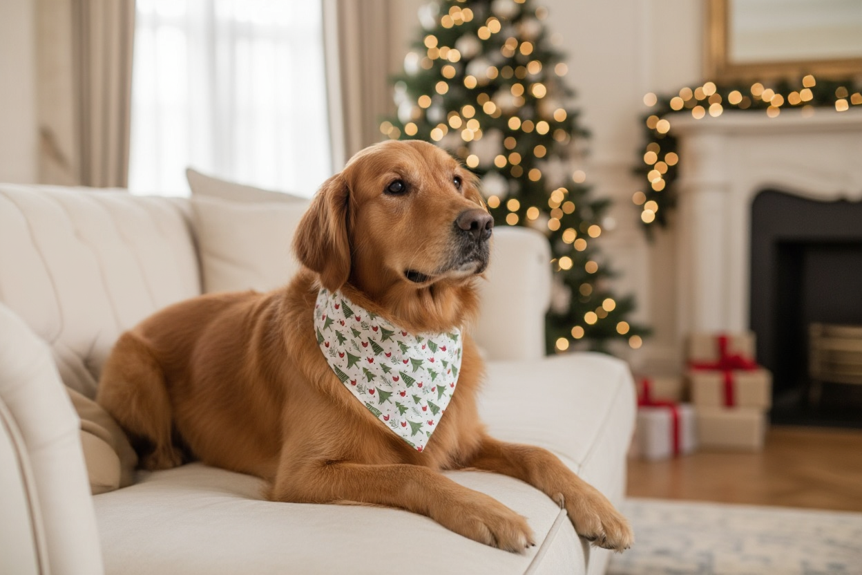 Dog wearing a Christmas dog bandana sitting on a couch with a Christmas tree and fireplace in the background
