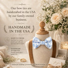The image is an advertisement for handmade bow ties, featuring a mannequin wearing a blue and white floral bow tie, surrounded by wedding decorations and flowers.
