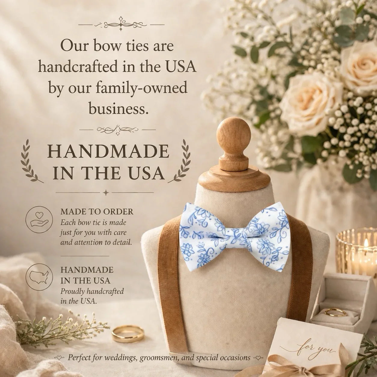 The image is an advertisement for handmade bow ties, featuring a mannequin wearing a blue and white floral bow tie, surrounded by wedding decorations and flowers.
