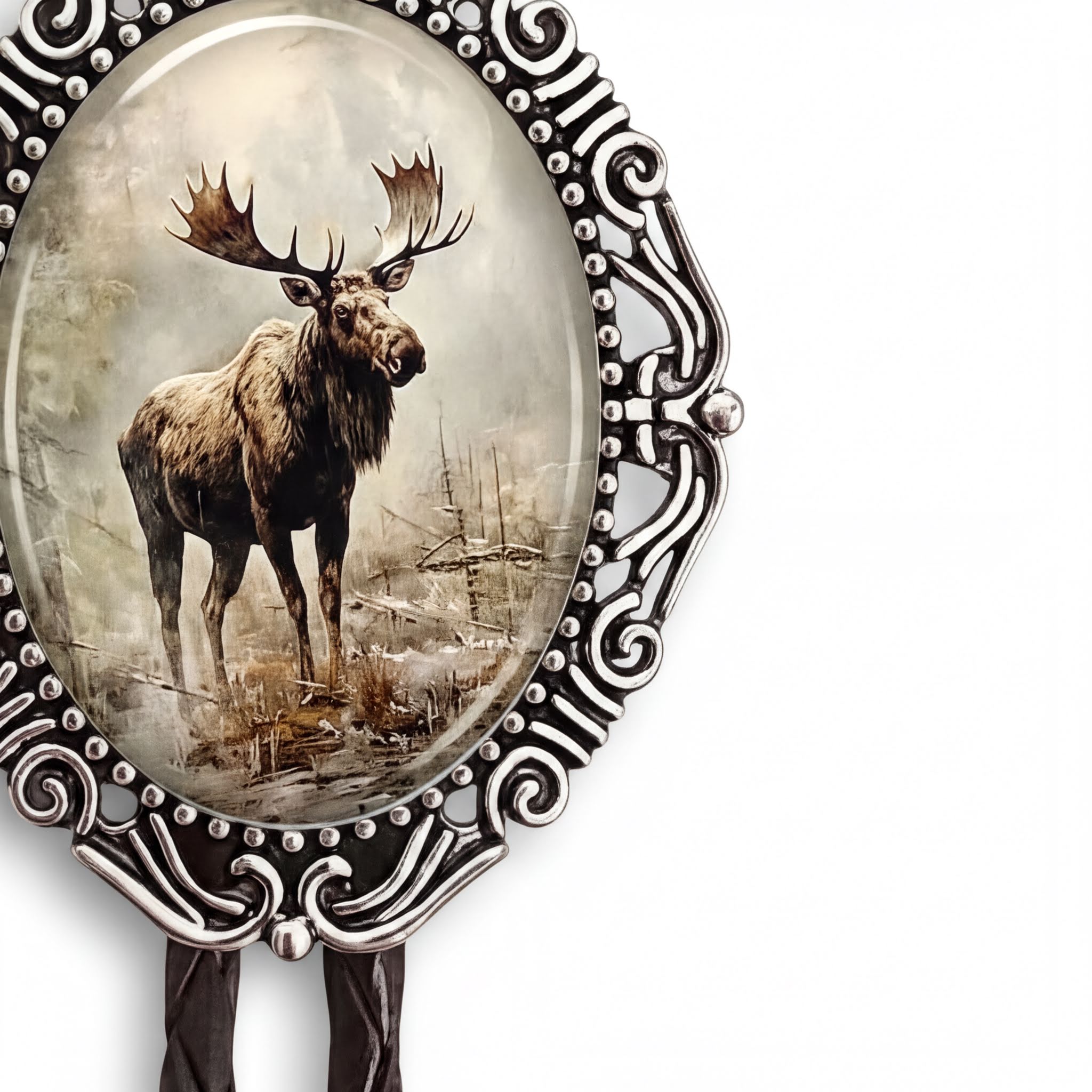 A moose standing in a forest, with a decorative metal frame around it.