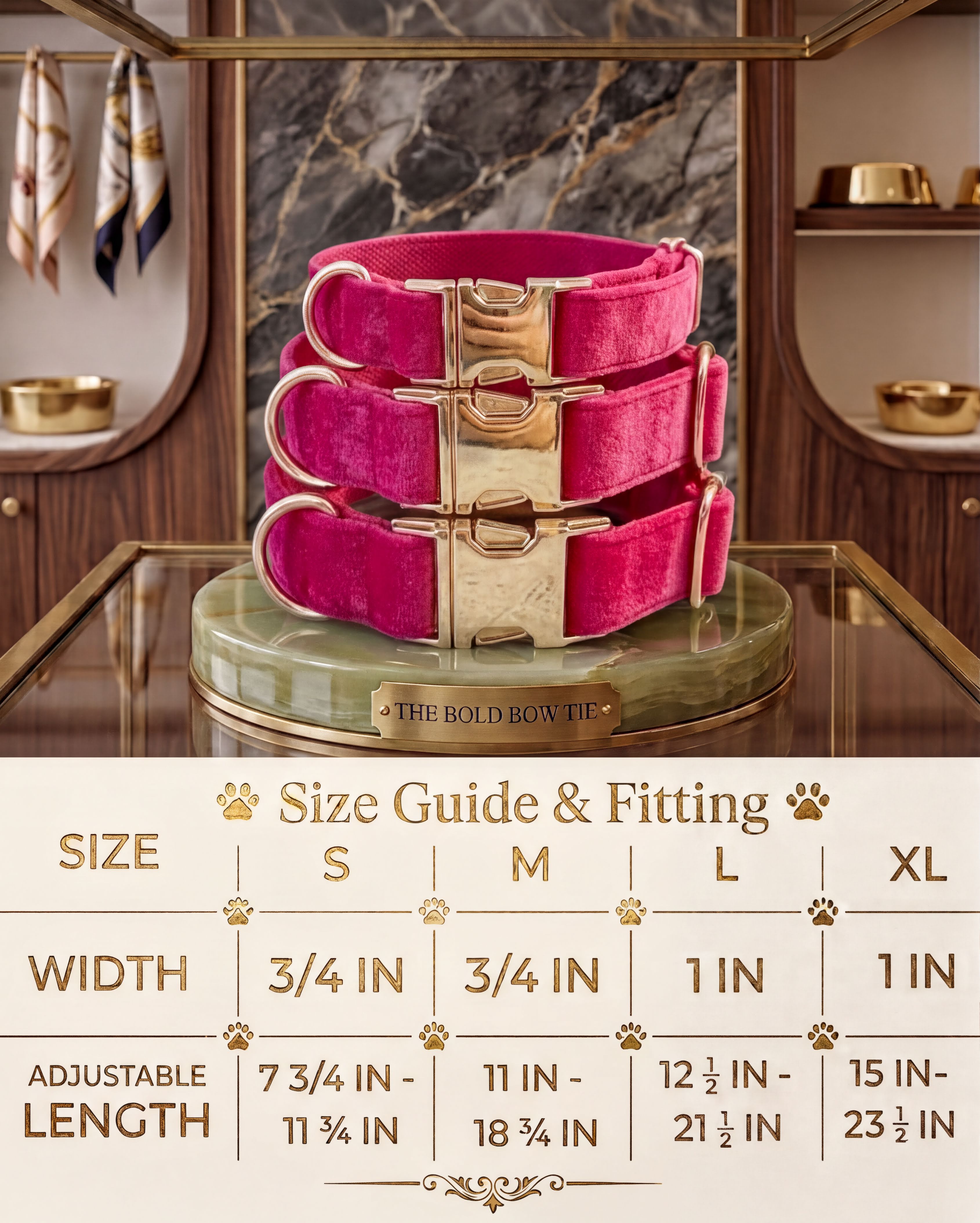 Velvet dog collars with gold buckle hardware arranged above a sizing chart. The chart details four sizes: Small has a width of 3/4 inch and an adjustable length of 7 3/4 to 11 3/4 inches. Medium has a width of 3/4 inch and an adjustable length of 11 to 18 3/4 inches. Large has a width of 1 inch and an adjustable length of 12 1/2 to 21 1/2 inches. Extra Large has a width of 1 inch and an adjustable length of 15 to 23 1/2 inches