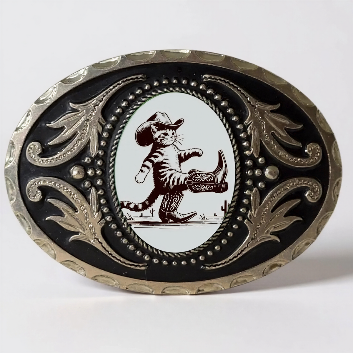 Decorative belt buckle with a cowboy cat belt buckle illustration on a white background