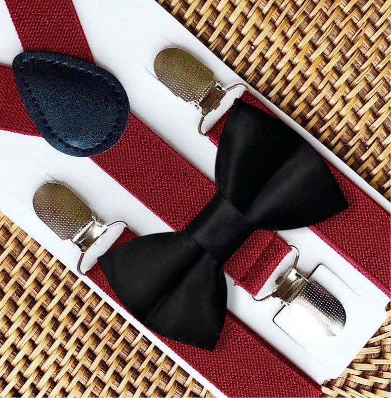 Black Bow Tie & Burgundy Suspenders Set for Thanksgiving and Christmas 