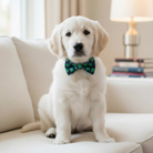 White puppy wearing a green St. Patrick’s Day dog bow tie sitting on a couch.