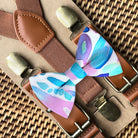 Watercolor blue bow tie and suspenders for wedding, groomsmen and ring bearer outfit.
