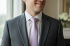 Lavender tie worn by a handsome groom at a wedding.